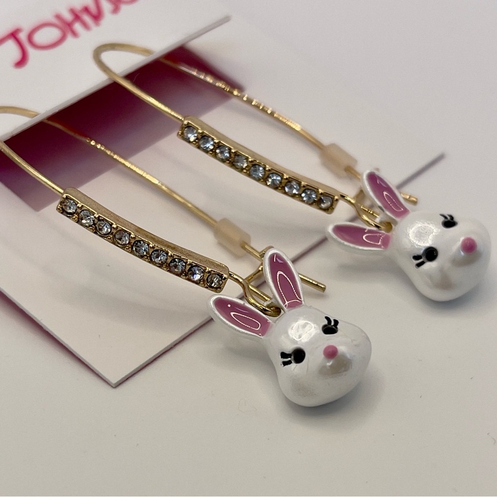 Betsey Johnson Gold Tone Some Bunny's Bunny Drop Earrings Crystal Accents NWT